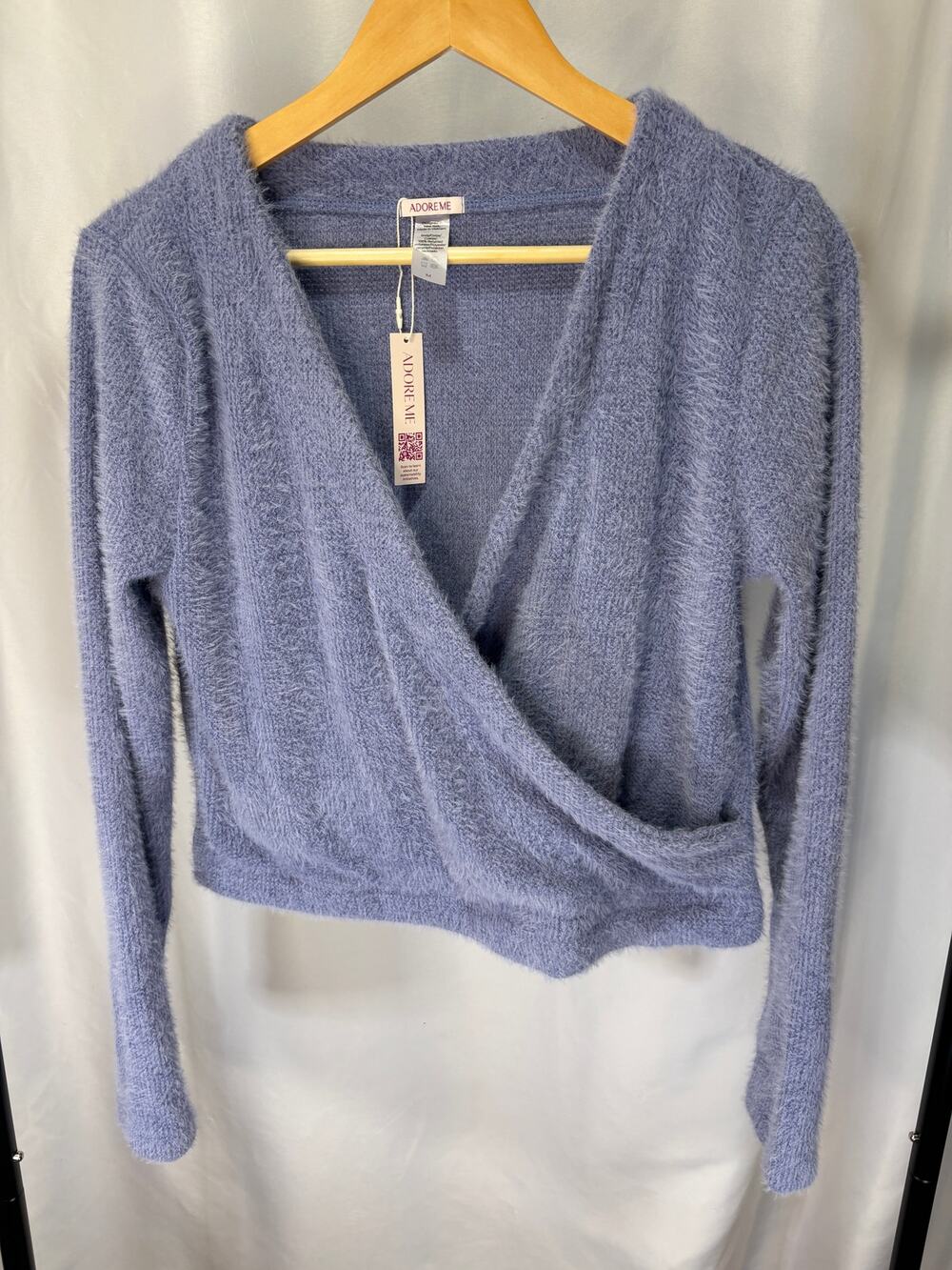 Adore Me Women’s M Fuzzy Wrap Sweater Top Blue Cropped Long Sleeve NWT